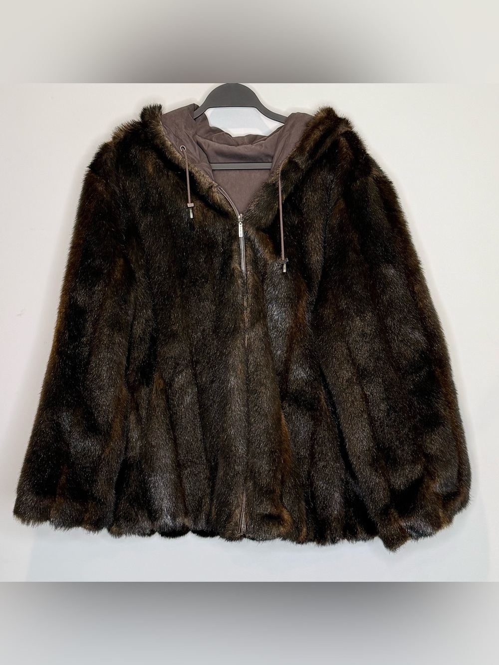 Jones New York black and brown faux fur reversible coat w/ hood - sz Large or XL